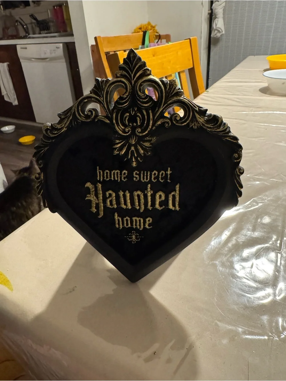 Home Sweet Haunted Home Decorative Heart Plaque - Black and Gold Halloween decor